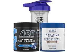 Applied Nutrition Bundle ABE Pre Workout 375g + Creatine 250g + 700ml Protein Shaker | All Black Everything Pre Workout Powder, Energy & Performance with Creatine, Beta Alanine (ICY Blue Raz)