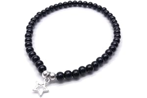 VILDA JEWELLERY Hollow Star Charm Anklet, 6mm Black Acrylic Beads on Elastic : Size M/L 10 inches, Pretty Everyday Anklet for Women, Beach Jewellery