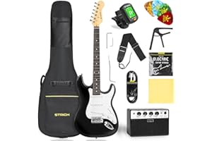 STRICH Electric Guitar Beginner Kit, Solid Body 39" Full Size Electric Guitar SSS Pick Up for Starter, with 5W x 2 Amp, Bag, Digital Tuner, Capo, Strap, String,Cable, Picks, SST-S10 Black