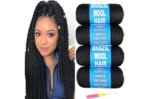 Mscat Lot de 4 rouleaux de fil de laine brésilienne naturelle pour tressage au crochet, chaînes torsadées, torsion sénégalaise, tresses géantes, fausses dreads, tresses en boîte, 70 g/rouleau (1B#)