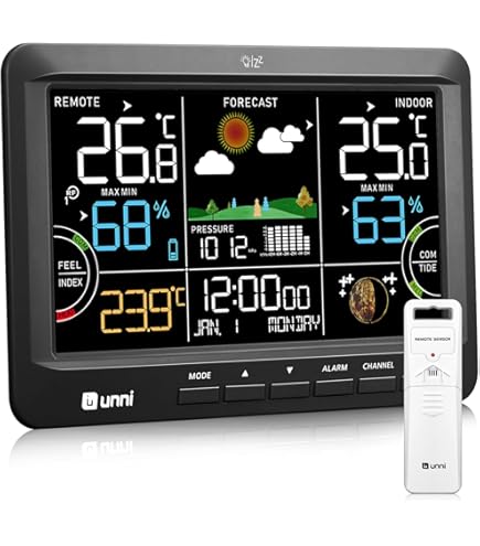 Geevon Draadloos weerstation met buitensensor, binnen- en buitenthermometer met weersvoorspelling, groot kleurendisplay, comfortabele weergave, USB-oplaadpoort en instelbare achtergrondverlichting