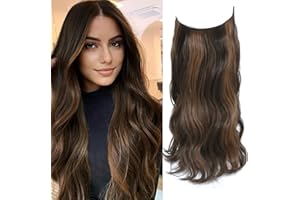 NEXYSHE Invisible Hair Extensions 20 inch Wavy Hair Extension Synthetic Hair Pieces for Women Transparent Invisible Secret Wire Hair Extensions (Dark Brown with Auburn Brown Highlights)