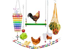 XMPEKO 6PCS Chicken Toys for Coop: Xylophone, Grinding Stone, Swing, Flexible Ladder, String Bag, Vegetable Hanging Skewer Feeder, Mirror Toys for Hens