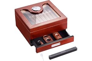 VEVOR Zigarren-Humidor, Humidorbox mit Glasdeckel, Handgefertigte Zigarren-Schreibtischbox aus Spanischem Zedernholz, Zigarren-Aufbewahrungsbox mit Trennwand & Zubehörschublade, 20–35 Zigarren