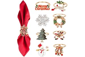 SITAKEGS Tovaglioli di Natale, 8 pezzi, a tema natalizio, con fibbie, pupazzo di neve, renna, Babbo Natale, fiocchi di neve, tovagliolo con fibbia, portatovaglioli, decorazione da tavolo per matrimonio, Natale