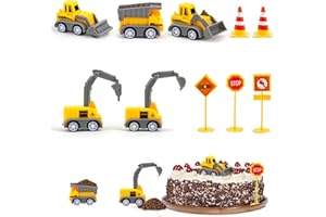NEEROW Baustellenfahrzeuge Kinder, 10 Stück Bagger Tortendeko, Mini Bagger Kuchendeko Spielzeug mit Verkehrsschildern, Baufahrzeuge für Geburtstag Junge Mädchen 2 3 4 5 Jahre