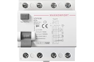 ‎MAX K O M F O R T FI-Schutzschalter Typ B 63A 30mA 4Polig Fehlerstrom-Schutzschalter Allstromsensitiv Schalter Automat Sicherung circuit breaker