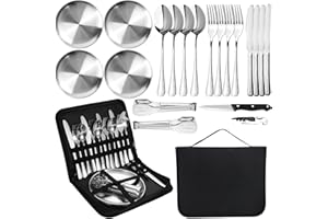 MORAINJAY Silver Camping Cutlery Set for 4 Person,20P Portable Tableware Set for Hiking,Food-Grade Stainless Steel Picnic Utensils Set with Spoons Forks Knife Clip Plate,Case with Zipper