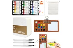 Scettar Mini Kit de Peinture Aquarelle de Voyage,15 Grids Bois Palette aquarelle,Peinture A-quarelle 24 Couleurs avec Stylo,avec Carnet A-quarelle et Clip