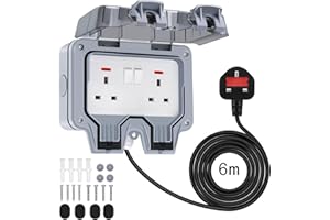 Powerole Double Outdoor Socket with 6M Waterproof Extension Lead, Outdoor Plug Sockets Waterproof IP66 13Amp 2 Gang Switched Socket Cover, Outdoor Weatherproof Wall Plug Socket Box