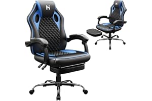 HLFURNIEU Chaise Gaming, Ergonomique Fauteuil Gamer, Siège de Bureau Professionnel, Siege Gaming Hauteur Réglable, Siège Gamer Noir et Bleu avec Repose-Pieds Télescopique