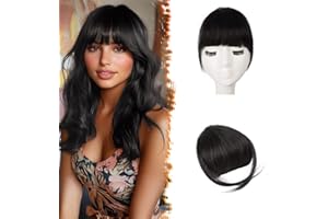 BARSDAR Frange à Clip Cheveux Humains, Frange à clip Bangs pour Femmes Noir Naturel Extensions de Franges Épais Neat Bangs avec Tempes Extension de Cheveux Humains - Noir Naturel