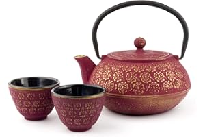 Bredemeijer czerwony azjatycki żeliwny zestaw dzbanków do herbaty 0,6 litra z 2 filiżankami