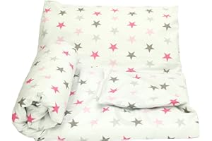 OLO Olobaby Reversible Cot Duvet/Quilt Cover and Pillowcase Set 2 pcs 100% COTTON (Pink & grey stars/white, 150 x 120 cm)