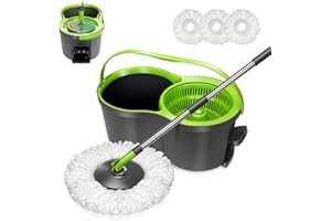 Masthome Balai à Frange et Seau à Pédale, Balai Serpillère Rotatif avec Système d'essorage Intégré, Envoyer 3 Recharge en Microfibre, 9.8L, pour Nettoyage Sols, Gris