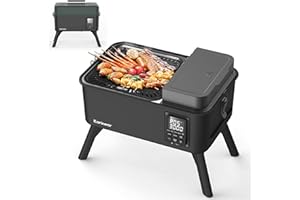 Karinear Barbecue de Camping à Granulés de Bois, 6 en 1, Portable, Barbecue de Camping avec Alimentation via Batterie Externe 12V, Fumoir, Barbecue d'extérieur et Fumoir