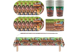 PHILOCTES Spiel Partygeschirr Set, 41Pcs Braun Spiel Party Geschirr Geburtstagsdeko, Videospiele Besteck Kindergeburtstag, Pappteller Serviette Becher Teller Tischdecke für Kindergeburtstag Party Supplies