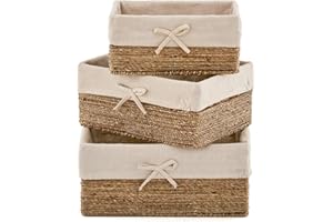 EZOWare Multiuso Cesto portaoggetti di Seagrass per Bagno e Cucina - Set di 3 Marrone Chiaro