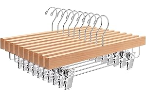 Amber Home 10 Unidades 35,5cm Perchas de Madera Natural, Robusta y Brillante Percha para Pantalones Shorts Faldas Calcetines y Ropa Interior, con Clips Antideslizantes y Ganchos Giratorios