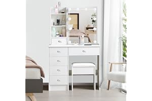 ‎SAIMEIHOME Saimeihome Schminktisch mit Beleuchtung und Hocker, Frisiertisch mit Verstellbarer Lichtfarbe und Helligkeit, Kosmetiktisch mit 6 Schubladen 6 Ablagefächern für Schlafzimmer -80x36x130cm S7A9