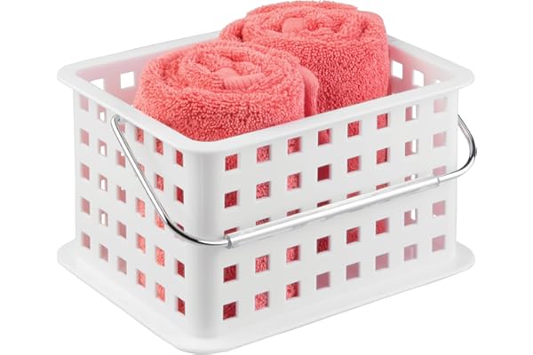 iDesign Basic corbeille rangement, petit panier salle de bain en plastique pour accessoires de douche et soins, blanc