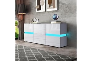 BESTWANTED High Gloss Modern Sideboard Cabinet for Living Room - 2 Doors, 4 Drawers with LED Lights (White)