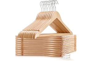 Amber Home 20 Unidades 44,5cm Perchas de Madera Natural, Robusta Percha para Camisetas Camisas Trajes Abrigos Vestidos Tirantes Bodas, con Varilla y Ranuras