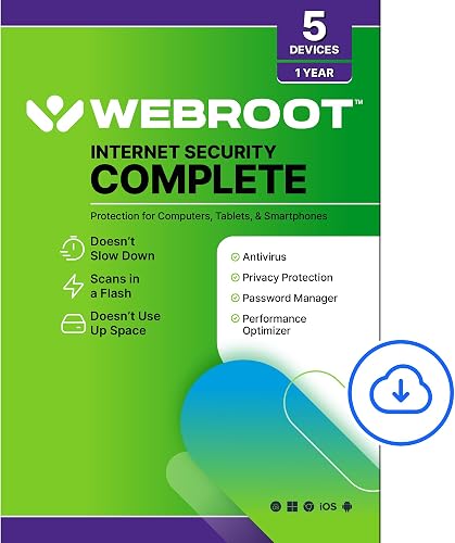 WEBROOT Internet Security Complete 2026 | Password Manager, Smartphone & Tablet, Performance Optimizer, Cloud Backup | 5 Devices | 1 Year | Mac/Windows/iOS/Android/Chrome | Activation code per email