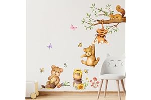 Supzone Adesivi Murali Tigre Orso Scoiattolo Dondolando per il Miele Adesivi da Parete Animali della Foresta Albero Ramo Decorazione Murale per Asilo Nido Camerette Bambini Camera da Letto Soggiorno