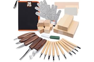 QLOUNI Juego de 36 Herramientas para Tallar Madera, Set de Tallado de Madera con 5 Cuchillos de Tallar 10 Cuchillos de Detalles 14 Bloques de Tilo y Accesorios para Principiantes y Profesionales