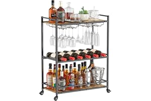 Lifewit Drink Trolley, 3 Tier Bar Cart with Lockable Wheels, Wine Rack and Glass Holders, Serving Cocktail Alcohol Trolley for Kitchen Dining Living Room, 63.2 x 30 x 81.5 cm, Rustic Brown