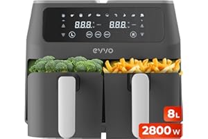 EVVO Friggitrice ad aria senza olio da 8 l, 2800 W, doppio cestino, ciotola antiaderente, tecnologia Dual Cyclone, 10 programmi, cottura, disidrata, scongelamento, fino a 200 gradi (colore: nero)
