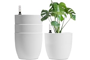 T4U 4 Pcs Pot à Réserve d'eau Rond en Plastique Blanc 22 cm, Pot de Fleurs d’Extérieur et d'Intérieur avec Indicateur de Niveau d'eau Convient aux Jardins de Balcon