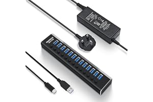 RSHTECH Aktywny koncentrator USB 3.2 z zasilaczem sieciowym (72 W 12 V/6 A), kablem do transmisji danych 2 w 1 (typ C i typ A) i 13 x 10 Gbps USB 3.2, aluminiowy 13-portowy koncentrator USB 3.1 Gen2