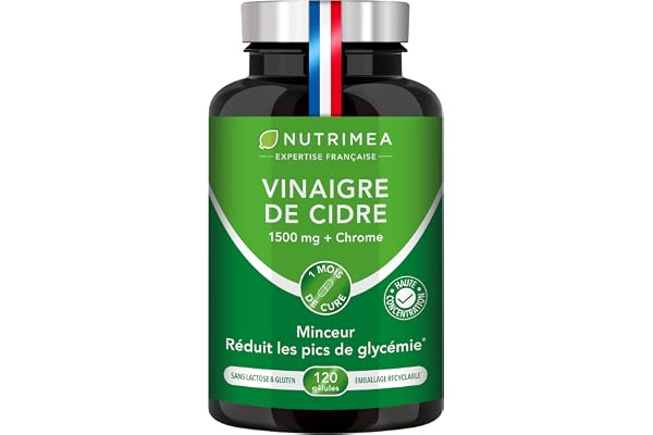 VINAIGRE DE CIDRE - 1500 mg - Avec Chrome - Aide à la Perte de Poids, Contrôle du Taux de Sucre Sanguin - Alternative au Morosil - Goût Neutre - 120 Gélules Vegan - Nutrimea - Fabriqué en France
