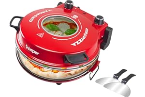 BEPER P101CUD301 Four à pizza électrique, 1200W, Température 400°C, Plaque à pizza 31 cm, Four à pizza avec plaque réfractaire amovible, Hublot, Pelles à pizza en acier inoxydable, Rouge