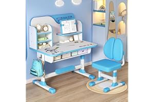 Shienfir Premium Kids Study Desk and Chair Set, Children's Height Adjustable Study Desk w/Integrated Shelf and Drawer, Astronaut Pattern, Ergonomic Desk Chair with Large Writing Board Blue A