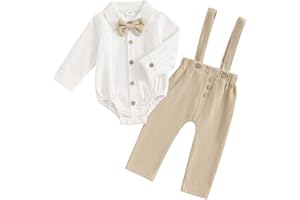 Himllauen Infant Baby Boy Autumn Gentleman Set Toddler Long Sleeve Lapel Neck Shirt Romper with Button-up Bow Tie Pants 2 Piece Newborn Boy Winter Outfits