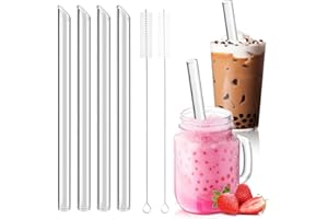 Annyswit 4 Piezas Paja de Vidrio Reutilizable con 2 Cepillos de Limpieza Pajitas Bubble Tea 14×215mm Anchas Pajitas de Vidrio para Smoothie Cocktail Slush Jugos Té