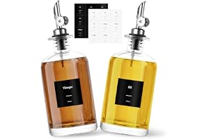 Yokuni Set om 2 vinäger- och oljeflaskor 500 ml – oljeflaska i glas med pip i rostfritt stål och silikontratt – läckagesäker med etikett för kök, matlagning, sallad