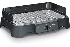 SEVERIN Elektrisk BBQ bordsgrill med grillgaller PG 8593 | Max. 200 °C, snabbvärme, termostat, balkonggrill, enkel rengöring, uppsamlingsbricka, 38 x 22 cm, svart, 8593