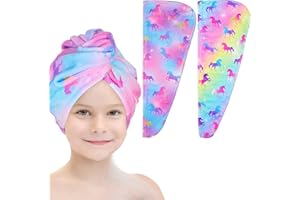 Basumee 2 Pack Microfibre Hair Towel Wrap for Kids Rapid Drying Hair Towel with Button Girls Hair Turbans for Wet Hair Wraps for Women