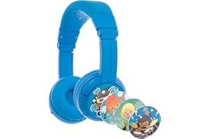 BuddyPhones Play+ Wireless Bluetooth Volume-Limiting Kids Headphones, 20-Hours Battery Life, 3 Volume Settings, Voice Enhancing StudyMode, On-Ear Headphones, Cool Blue