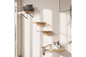 PELUOMOZ Katzentreppe Wand Set, Katzen Kletterwand mit 2 Stufen Quadratischer & Gebogenen Plattformen, Wandmontiertes Holz Katzenwandmöbel Set für Klettern Spielen Schlafen
