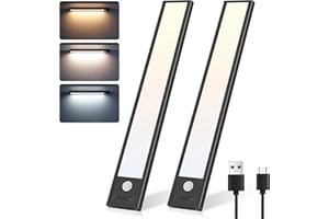 Befurglor Under Cabinet Kitchen Lights, 3 Color Dimmable Motion Sensor Lights 26cm, 2000mAh Rechargeable LED Magnetic Stick on Strip Lights for Closet, Cupboard, Wardrobe, Stair (2 Pack, Black)