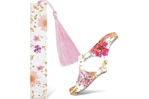 SHPUCISE 2Pcs Transparent Dried Flower Bookmark,Resin Book Mark with Tassel and Thumb Book Page Holder,Cute Bookmarks with Gold Sprinkles,Bookmarks for Women,Bookworm,Readers,Friends(Pink)