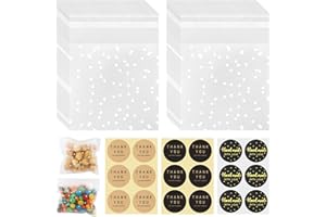 ELEPRUC 200 Sachets Bonbon Transparent 10x10cm, Avec 300 Étiquettes Adhésives, Petit Sachet Cadeau, Sac à Bonbon, Petite Pochette Plastique Refermable à Pois Blancs pour Biscuits, Bijoux, Cadeaux, Fêtes, Noël