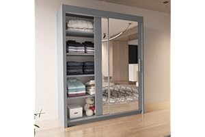 INTERWOOD 2&3 Mirror Sliding Door wardrobe for Bedroom Furniture with Shelves,Hanging Rails (Grey, 150cm)