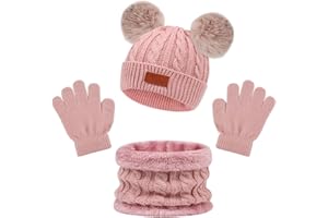 Veiteibe 3 Stück Kinder Winter Warm Beanie Mütze Schal Handschuhe Set, warm gestrickt verdickt Mütze Schal Handschuhe Set für 1-5 Jahre alt Jungen und Mädchen Kinder Winter Outdoor-Sport-Zubehör-Set…