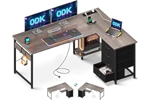 ODK Biurko narożne z 4 szufladami, biurko w kształcie L z gniazdkiem i portem USB, Odwracalne biurko z miejscem do przechowywania do home office (Szary dąb, 135×100 cm)